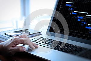 Close up of business man working on laptop computer on wooden de