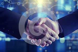 Close up of business people shaking hands on blurred background. Teamwork concept. Generated with AI