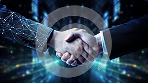 Close up of business people shaking hands with digital connection lines on background.Partnership concept.