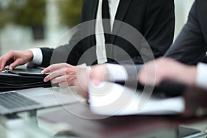 Close up. business people work with documents in the office