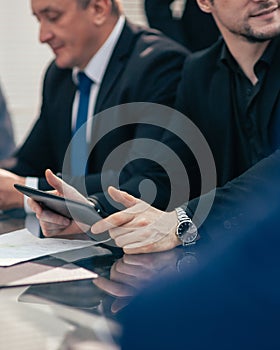 Close up. business people work with documents in the office