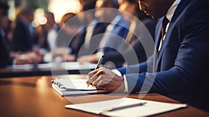 Close up of business people writing on notebook during meeting in conference room Generative AI