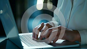 Close up of business woman hands working, typing on keyboard laptop computer keyboard