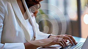 Close up of business woman hands working, typing on keyboard laptop computer keyboard