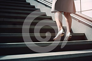 Close-Up of Business Woman\'s Feet Climbing Stairs to Achieve Goals. created with Generative AI