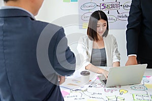 Close-up of businessman and boss or CEO or supervisor follow up the work progress to young businesswoman at desk
