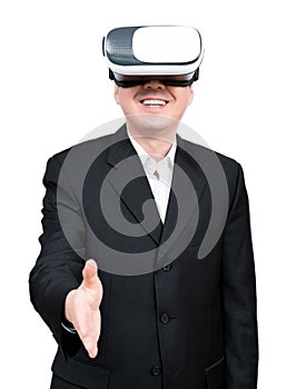 Close up of businessman in a formal wear and virtual reality glasses.