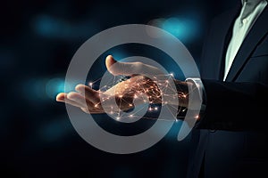Close up of businessman hand holding flying network hologram on dark background, Hand of businessman touching with finger digital