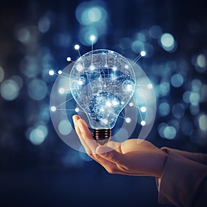 Close up of businessman hand holding light bulb with circuit on blue bokeh background.Idea concept.