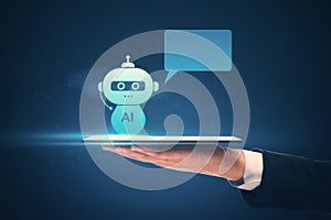 Close up of businessman hand holding smartphone with creative AI robot hologram with speech bubble for your text on blue