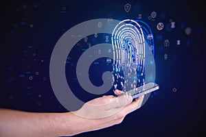 Close up of businessman hand holding smartphone with glowing fingerprint hologram on blurry dark background. Identification and