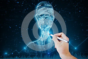 Close up of businessman hand with pen pointing at abstract digital fingerprint man or person silhouette on blurry blue background