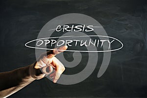 Close up of businessman hand pointing at creative crisis and opportunity writing on chalkboard wall background. Overcoming