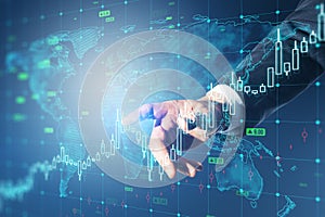 Close up of businessman hand pointing at growing upward chart, map, arrows and forex graph on blurry background. Global trends,