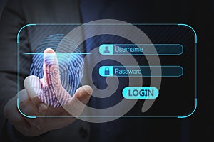 Close up of businessman hand using glowing abstract fingerprint interface on blurry background. Digital security and information