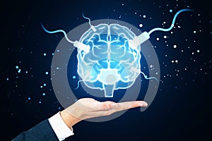 Close up of businessman hand using tablet with glowing connected brain hologram on blurry blue background. AI, mind and neurology