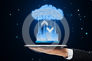 Close up of businessman hands holding cellphone with cloud computing hologram. Smart city wireless internet communication with