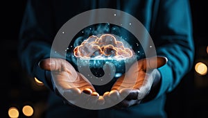 Close up of businessman hands holding cloud computing concept