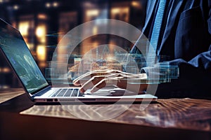 Close up of businessman hands typing on laptop keyboard with cityscape background, Businessman's hand in a modern o