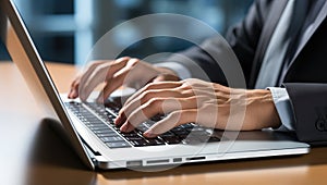 Close-up of businessman hands typing on laptop keyboard at desk in office
