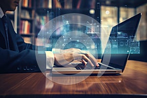 Close up of businessman hands typing on laptop keyboard at desk in office, Businessman's hand in a modern