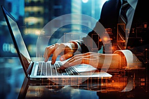 Close up of businessman hands typing on laptop keyboard. Internet and technology concept, Businessman's hand