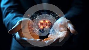 A close-up of a businessman holding a modern microprocessor chip in his hands