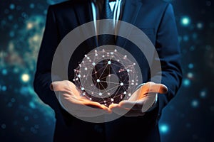 Close up of businessman holding network sphere in his hands. 3D rendering, A businessman holds the global network connection in