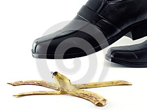 close-up businessman leather shoes about to step on banana peel isolated on white background