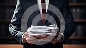 Close-up of a businessman in a suit holding a stack of documents in his hands.