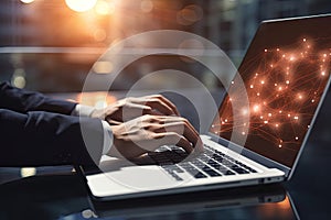 Close up of businessman working on laptop with abstract glowing network hologram, Close up of businessman hands typing on laptop