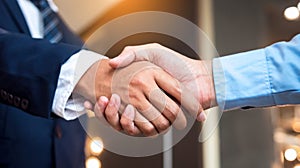 Close up businessmen shaking hands during a meeting. Handshake deal business corporate