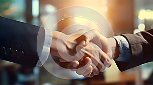 Close up businessmen shaking hands during a meeting. Handshake deal business corporate.