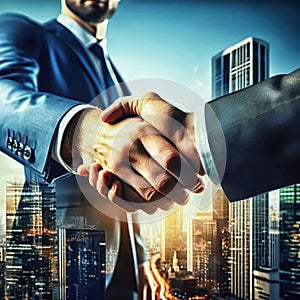 Close up businessmen shaking hands over a cityscape. Handshake deal business corporate