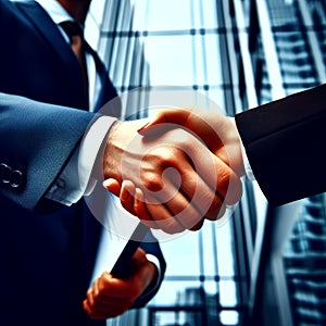 Close up businessmen shaking hands outside an office tower in a city