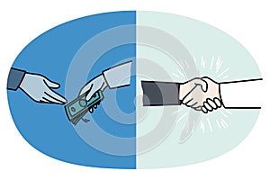 Businesspeople shake hands exchange money