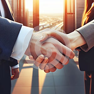 Close up businesspeople shaking hands during a meeting. Handshake deal business corporate