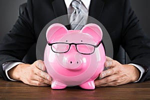 Close-up Of Businessperson Holding Piggybank