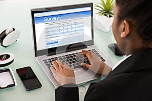 Close-up Of A Businesswoman Filling Online Survey Form