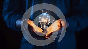 Close up of businesswoman holding light bulb in palm with energy concept, Generative AI illustrations