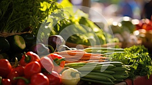 A close-up of a busy farmers market, with sunlight highlighting the colors of the fresh produce. Veganuary celebration