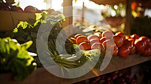 A close-up of a busy farmers market, with sunlight highlighting the colors of the fresh produce. Veganuary celebration