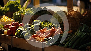 A close-up of a busy farmers market, with sunlight highlighting the colors of the fresh produce. Veganuary celebration