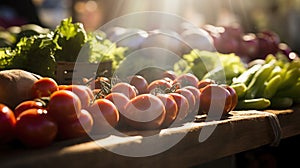 A close-up of a busy farmers market, with sunlight highlighting the colors of the fresh produce. Veganuary celebration