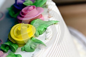 Close Up of Buttercream Roses on a Birthday Cake photo