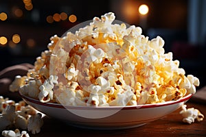 Close up of buttered popcorn on a bowl
