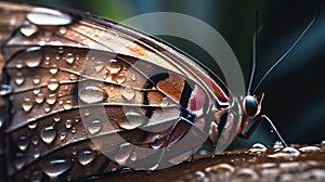 a close up of a butterfly with drops of water on it's wings