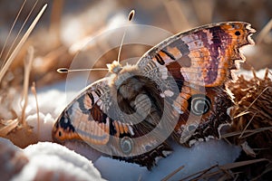 close-up of butterfly with its wings closed, hibernating in winter