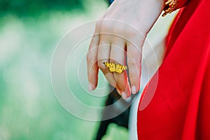 a close-up of a butterfly perched on the fingers of a priestess. mystical pagan rite. pagans today.