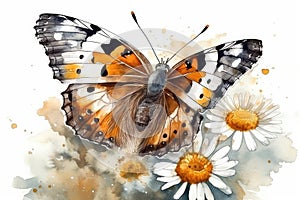 Close up Butterfly on white Daisy watercolor
